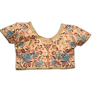 Saree blouse top sari gorgeous floral embroidery pale yellow women's size xs